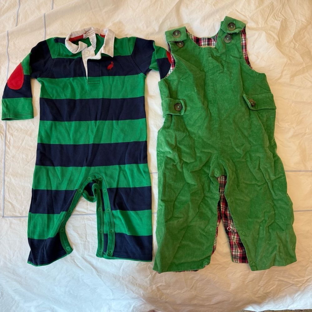 The Beaufort Bonnet Company Green Corduroy Overalls and Rugby Romper 6-12 month